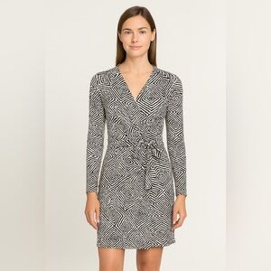 Persifor Wrap Dress Geometric Print Long Sleeve Mini Brown White Preppy XS